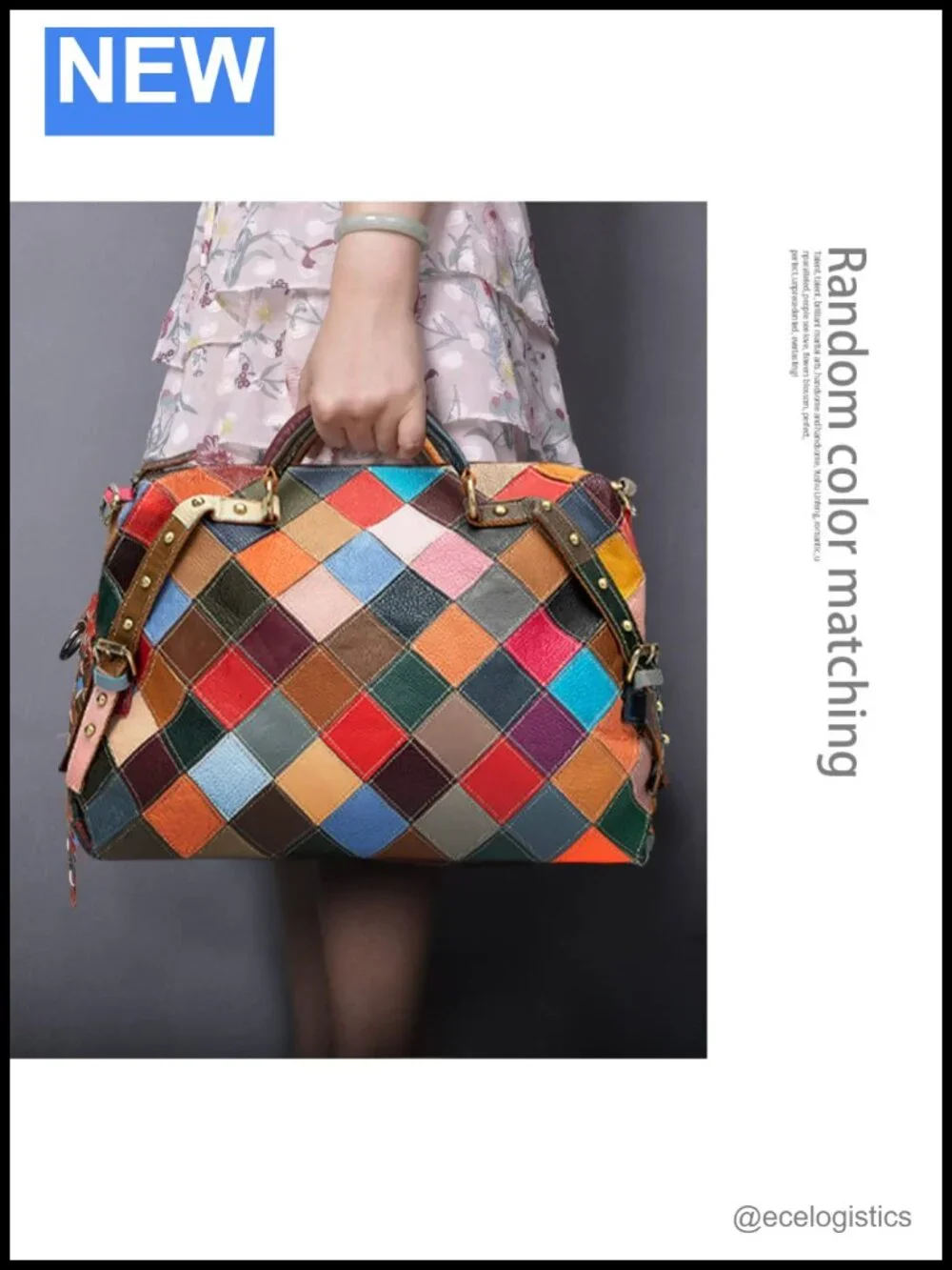 Genuine Leather Multicolor Cube Splicing Satchel Handbag Shoulder Bag with 3